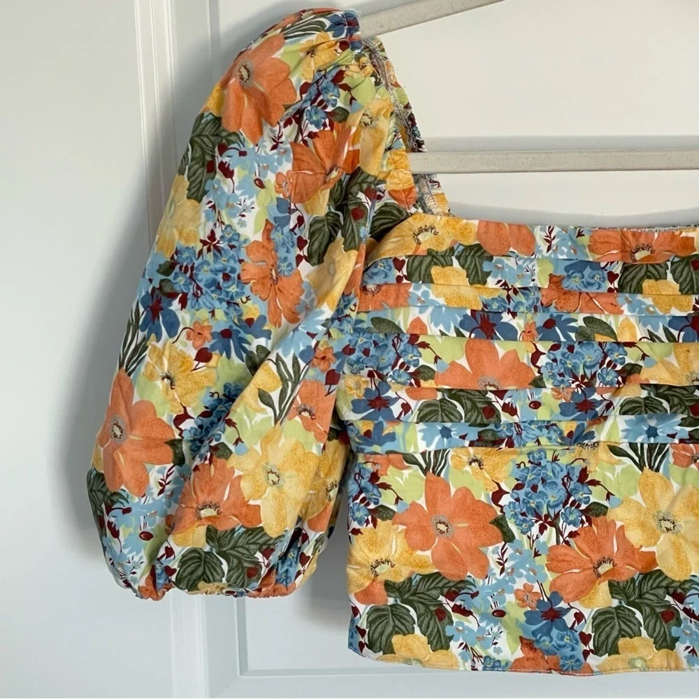 Abercrombie & Fitch Square Neck Ruched Puff Sleeve floral Top 35432